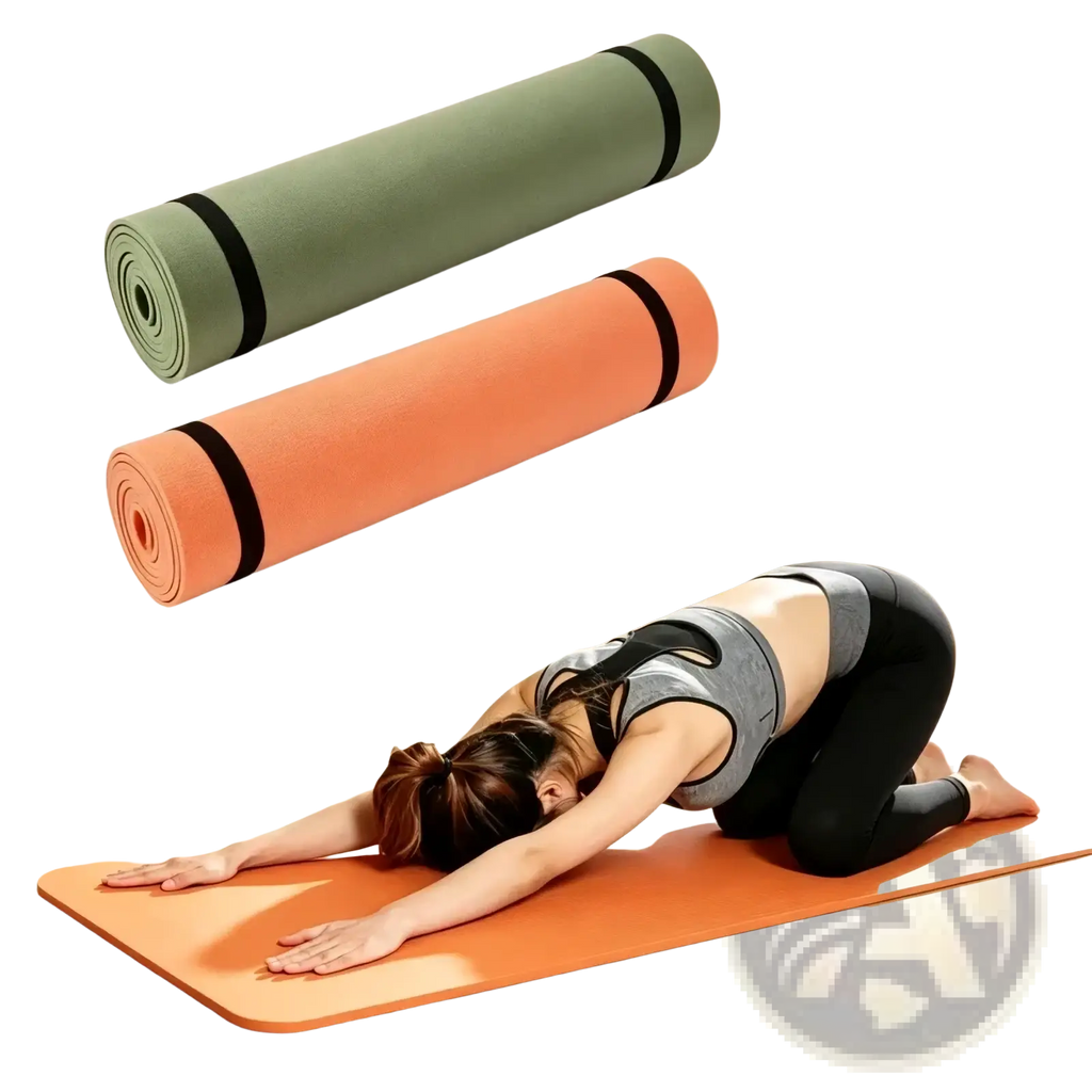 Orange eva portable fitness yoga mat with black edge strips designed for easy transport and durable use