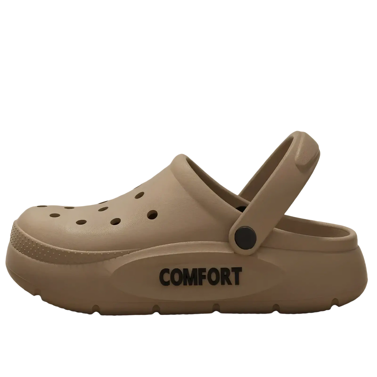 Beige EVA slip-on cushion clog sandal made of rubber with comfort lettering and a textured sole for added support