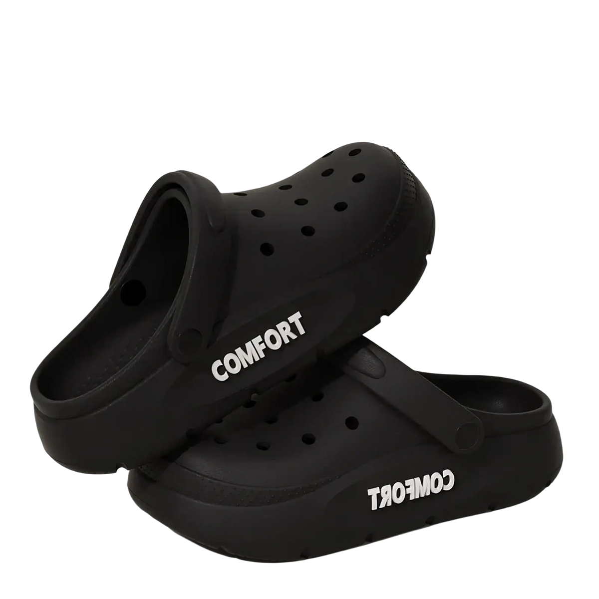 Black eva slip-on cushion clog sandals with a thick cushioned sole and perforated upper for comfortable wear