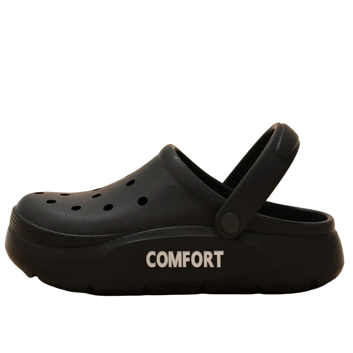Black rubber eva slip-on cushion clog sandal showing white comfort lettering on the sole