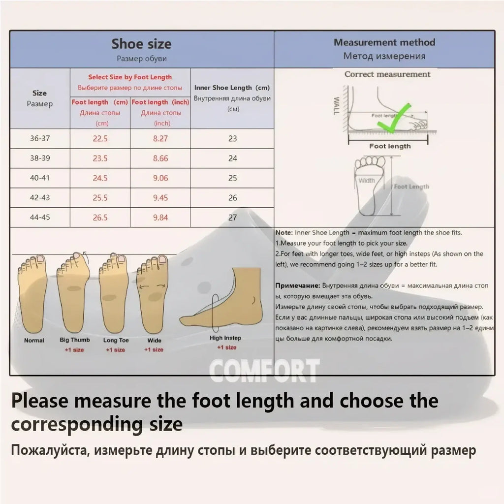 Gray eva slip-on cushion clog sandals size chart with measurement instructions and foot type illustrations