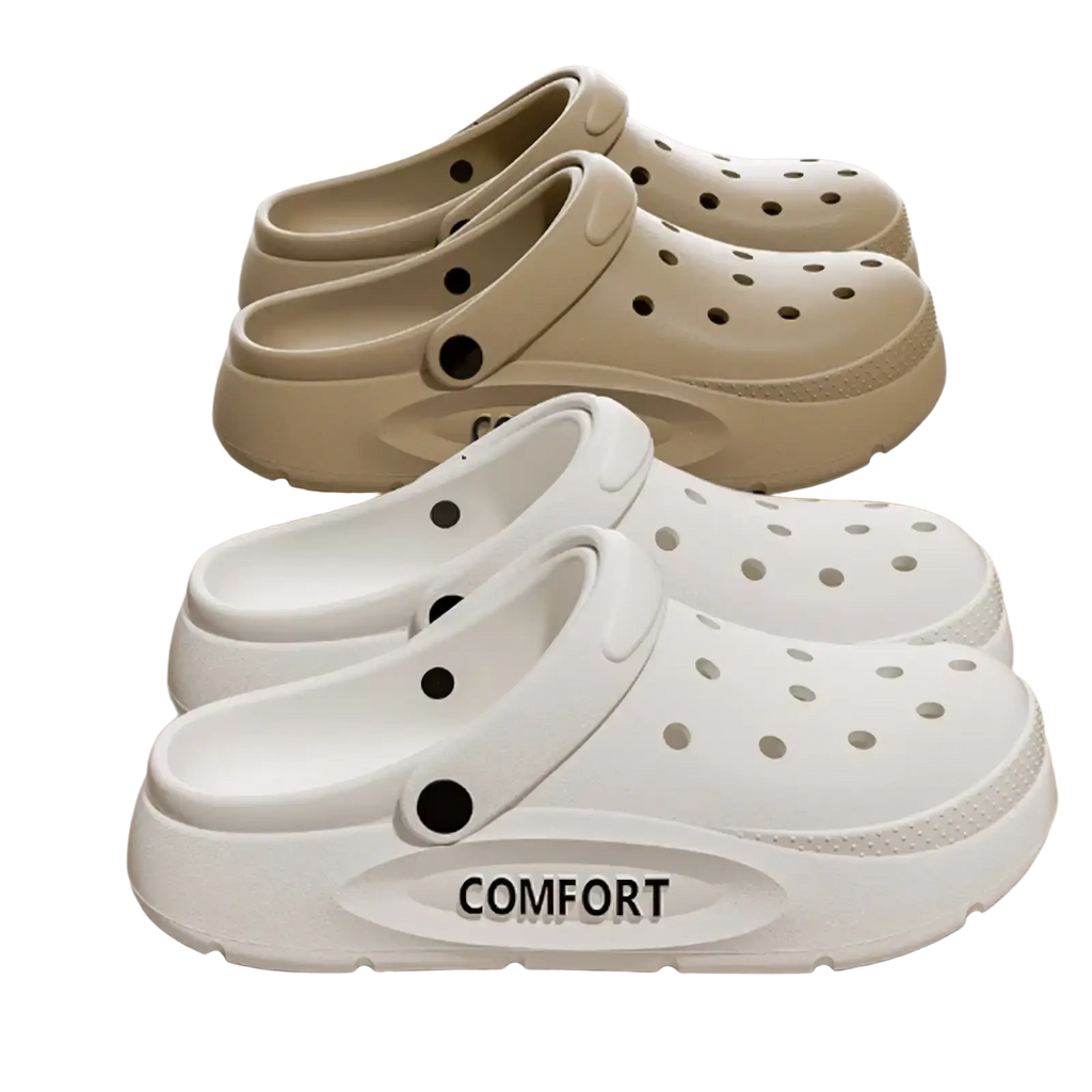 Eva slip-on cushion clog sandals in white and beige rubber with thick soles perforated uppers and comfort embossed sides
