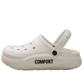 Eva slip-on cushion clog sandals in white with black comfort lettering and a thick textured sole for all-day wear