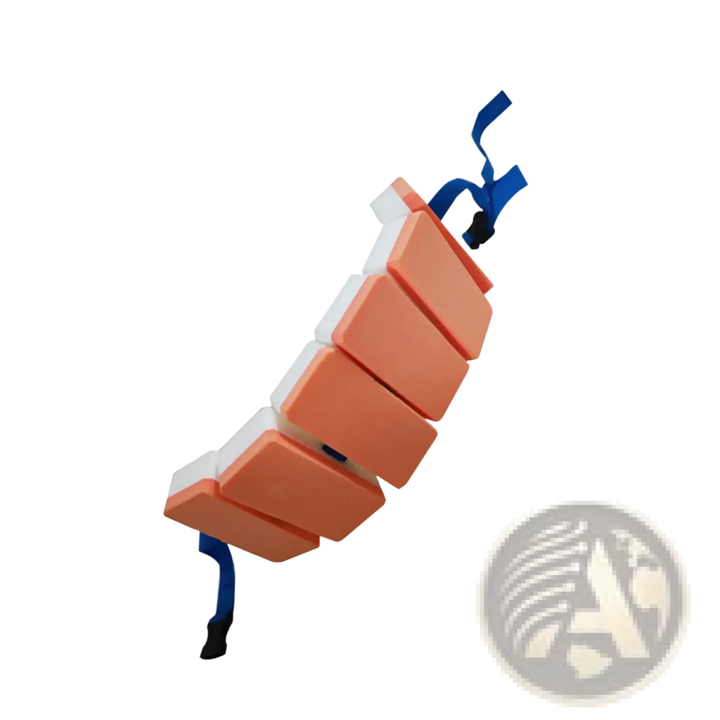 Eva swim belt floating back float for kids in orange and white segmented foam with blue straps shown from the back side