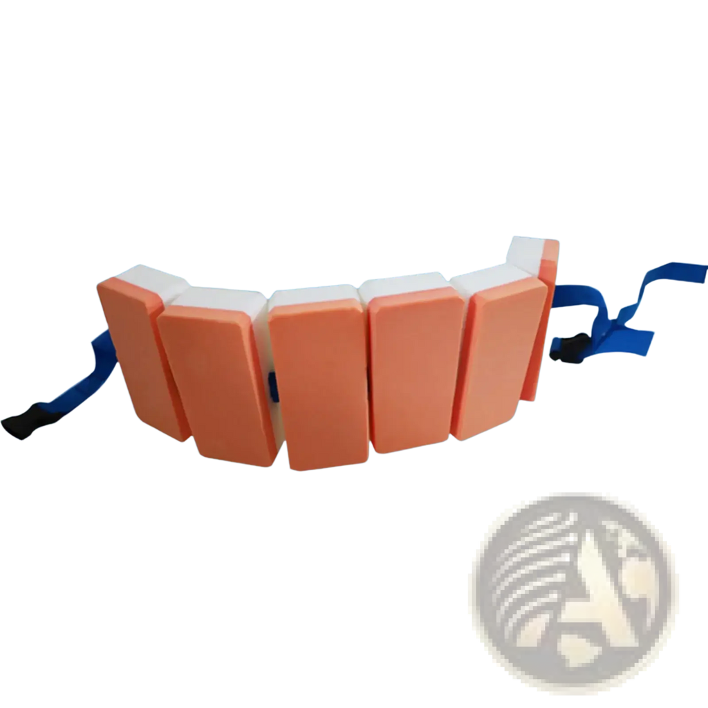 Eva swim belt floating back float for kids orange and white foam swim buoy with blue adjustable straps visible on back side
