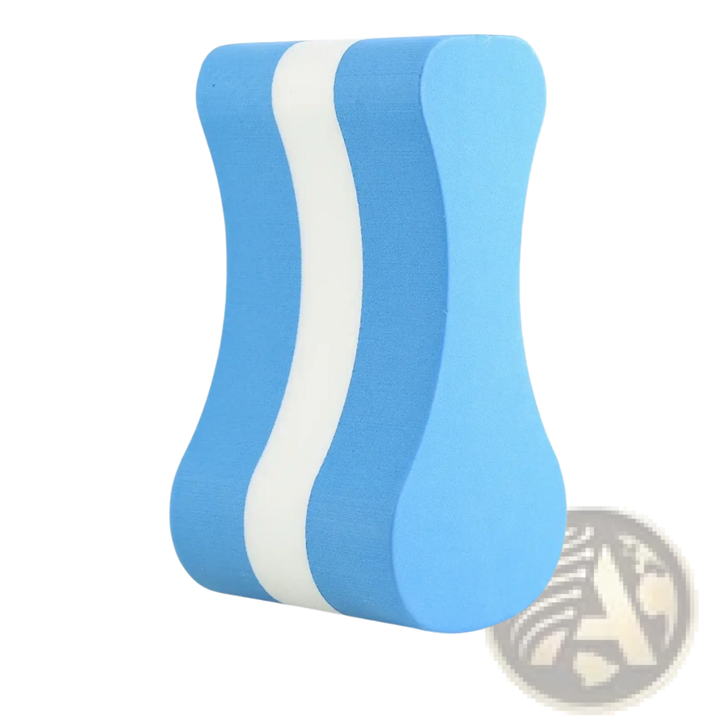 Eva swimming pull buoy leg float training aid in blue and white stripes with smooth buoyant foam texture