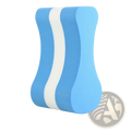 Eva swimming pull buoy leg float training aid in blue and white stripes with smooth buoyant foam texture