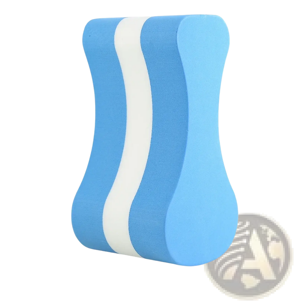 Eva swimming pull buoy leg float training aid in blue and white stripes with smooth buoyant foam texture