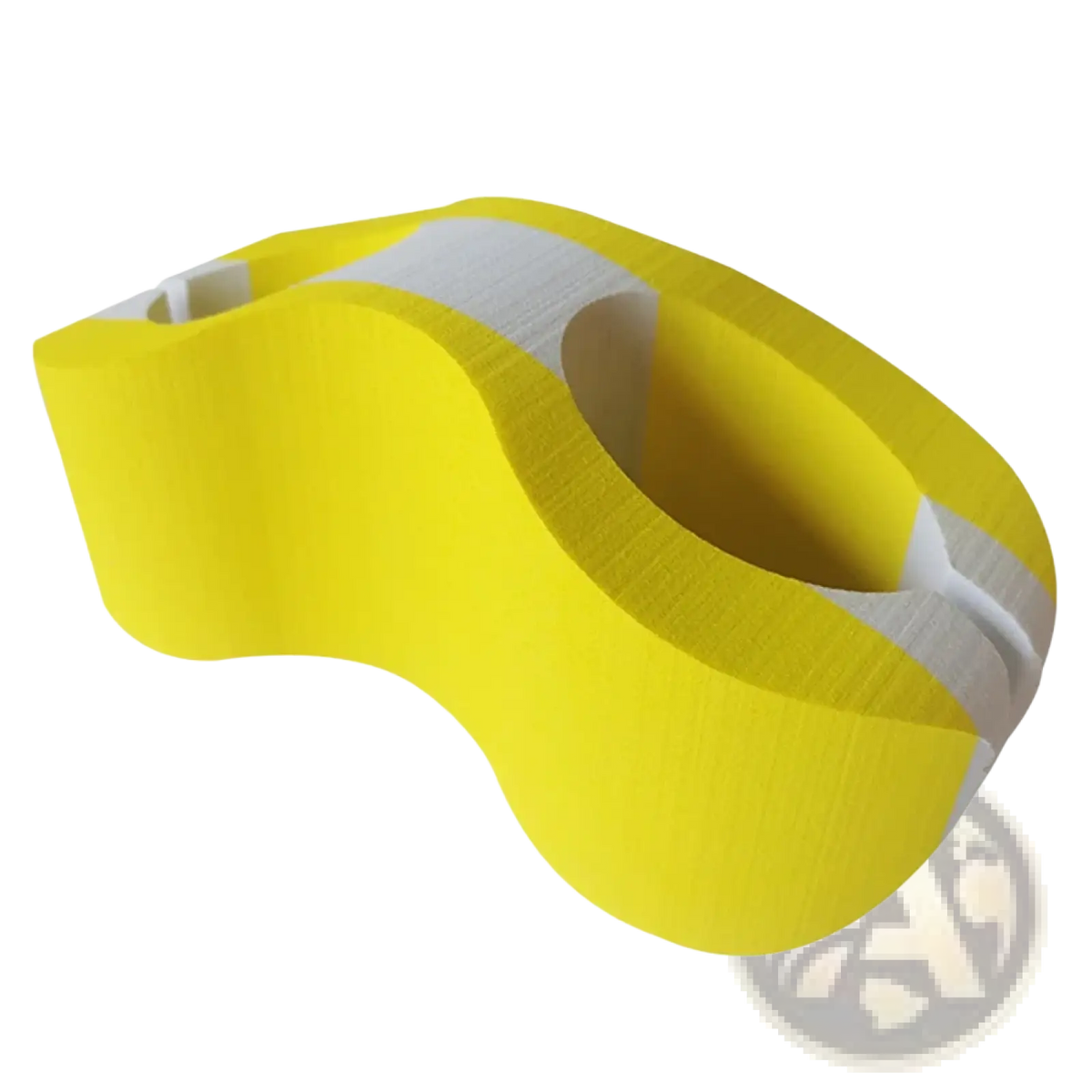 Bright yellow ergonomically shaped eva foam swimming pull buoy leg float training aid with white textured stripes