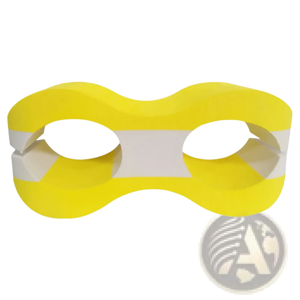 A bright yellow paper masquerade mask with white trim around eye openings for eva swimming pull buoy training aid