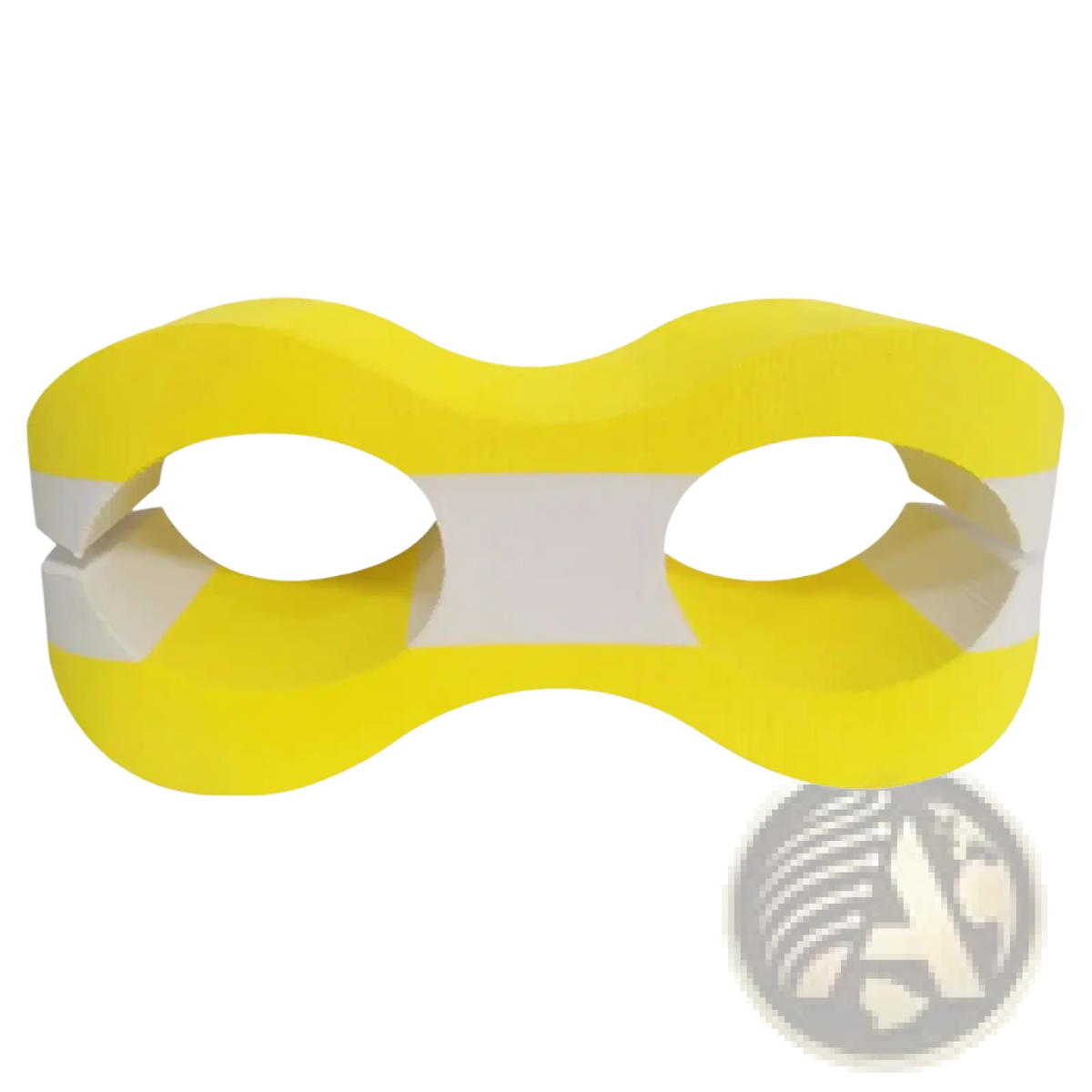 A bright yellow paper masquerade mask with white trim around eye openings for eva swimming pull buoy training aid