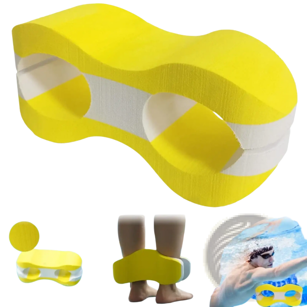Eva swimming pull buoy leg float training aid in bright yellow and white foam with ergonomic design for pool training