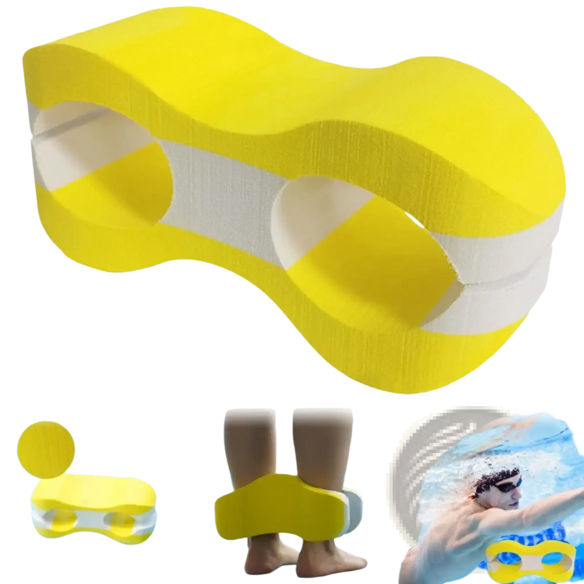 Eva swimming pull buoy leg float training aid in bright yellow and white foam with ergonomic design for pool training