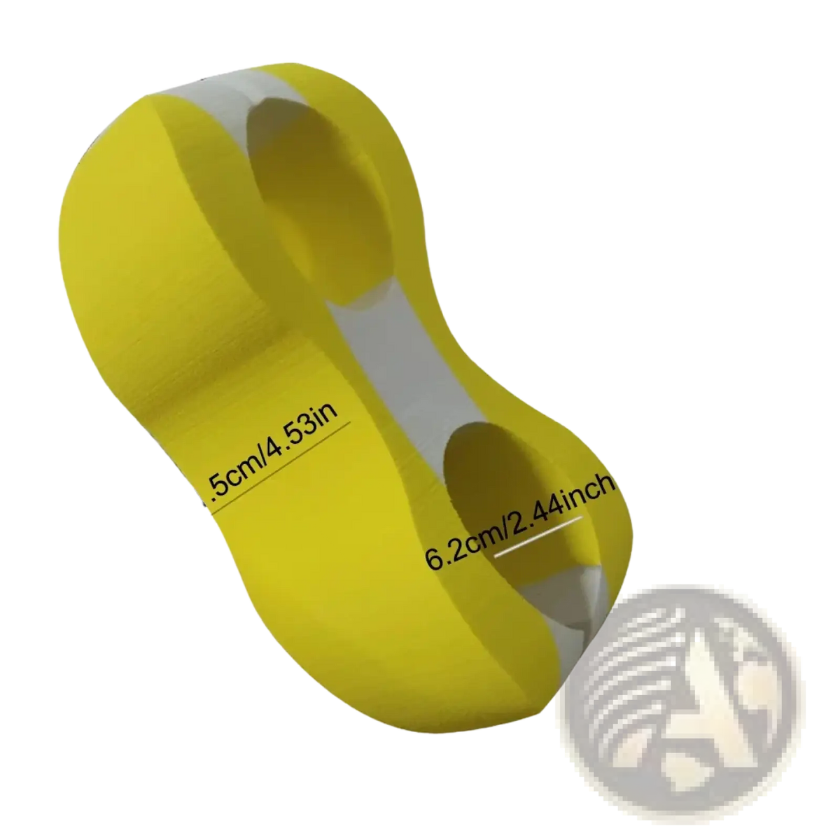 Bright yellow silicone Eva swimming pull buoy leg float with gray interior and measurement markings for training aid