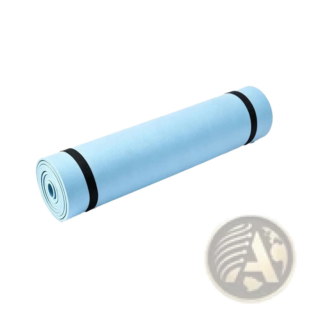 Light blue eva yoga mat rolled and secured with black straps foldable portable fitness pad for exercise