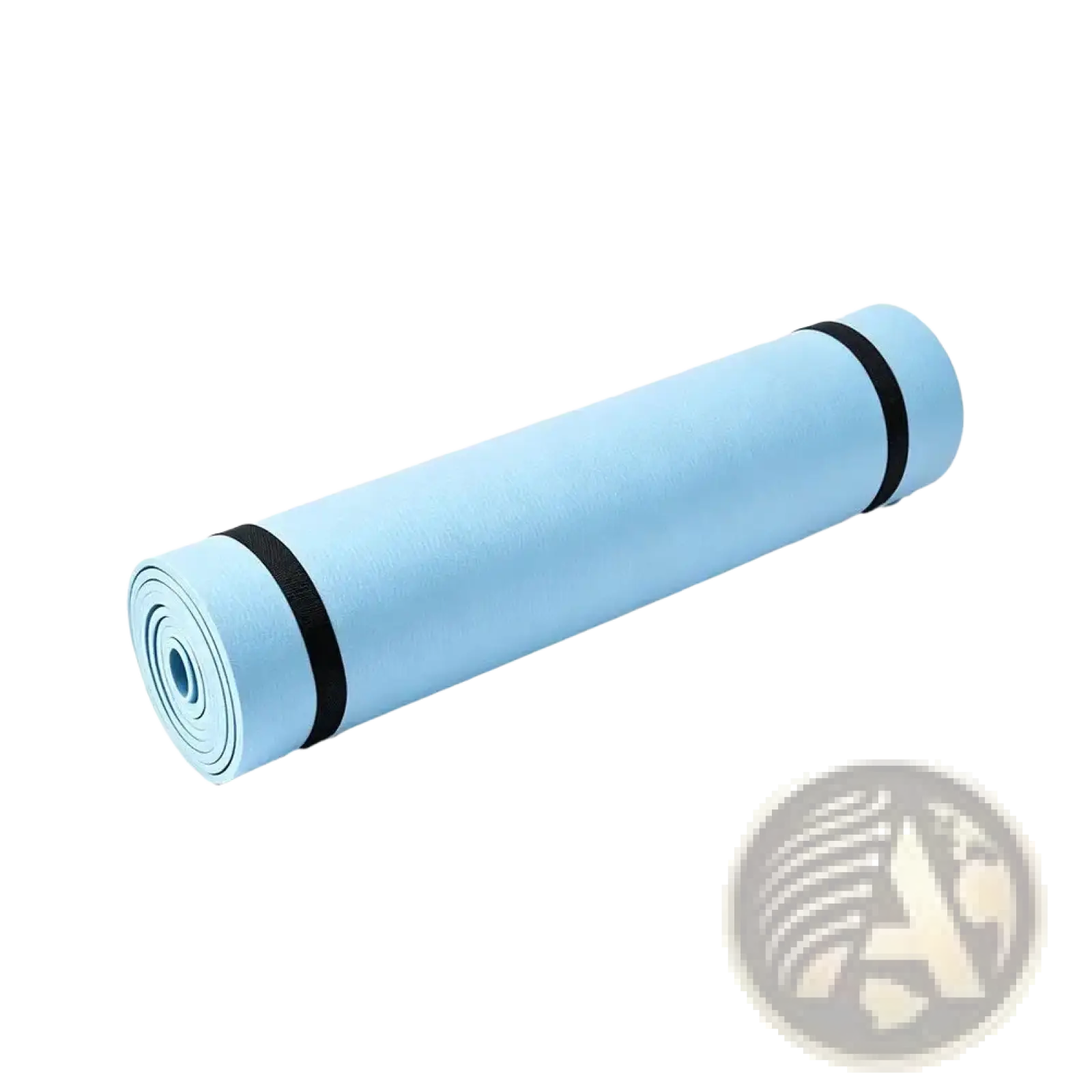Light blue eva yoga mat rolled and secured with black straps foldable portable fitness pad for exercise