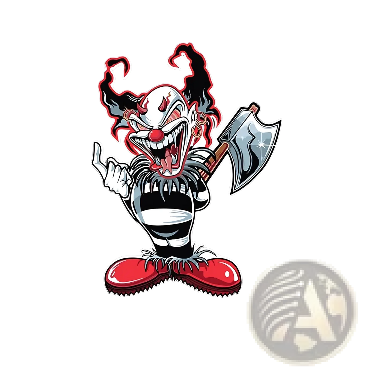 Evil clown car sticker is a waterproof decal featuring a cartoonish clown with a menacing grin and striped outfit