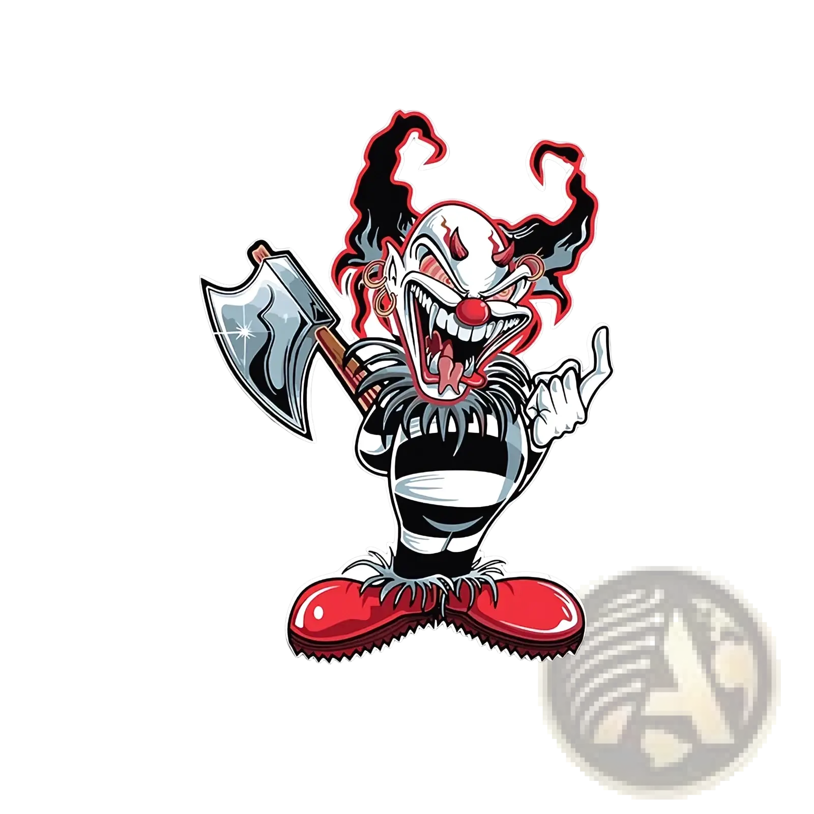 Evil clown car sticker waterproof decal featuring a menacing cartoon clown with black and white stripes and red details holding an axe