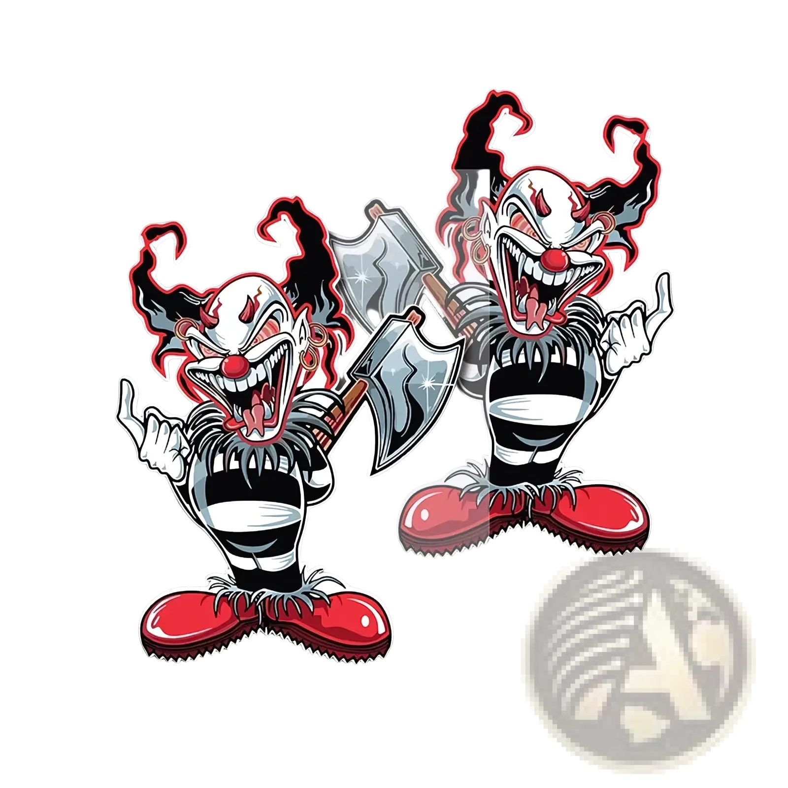 Two identical evil clown car sticker waterproof decals featuring menacing clowns in black and white stripes holding an axe