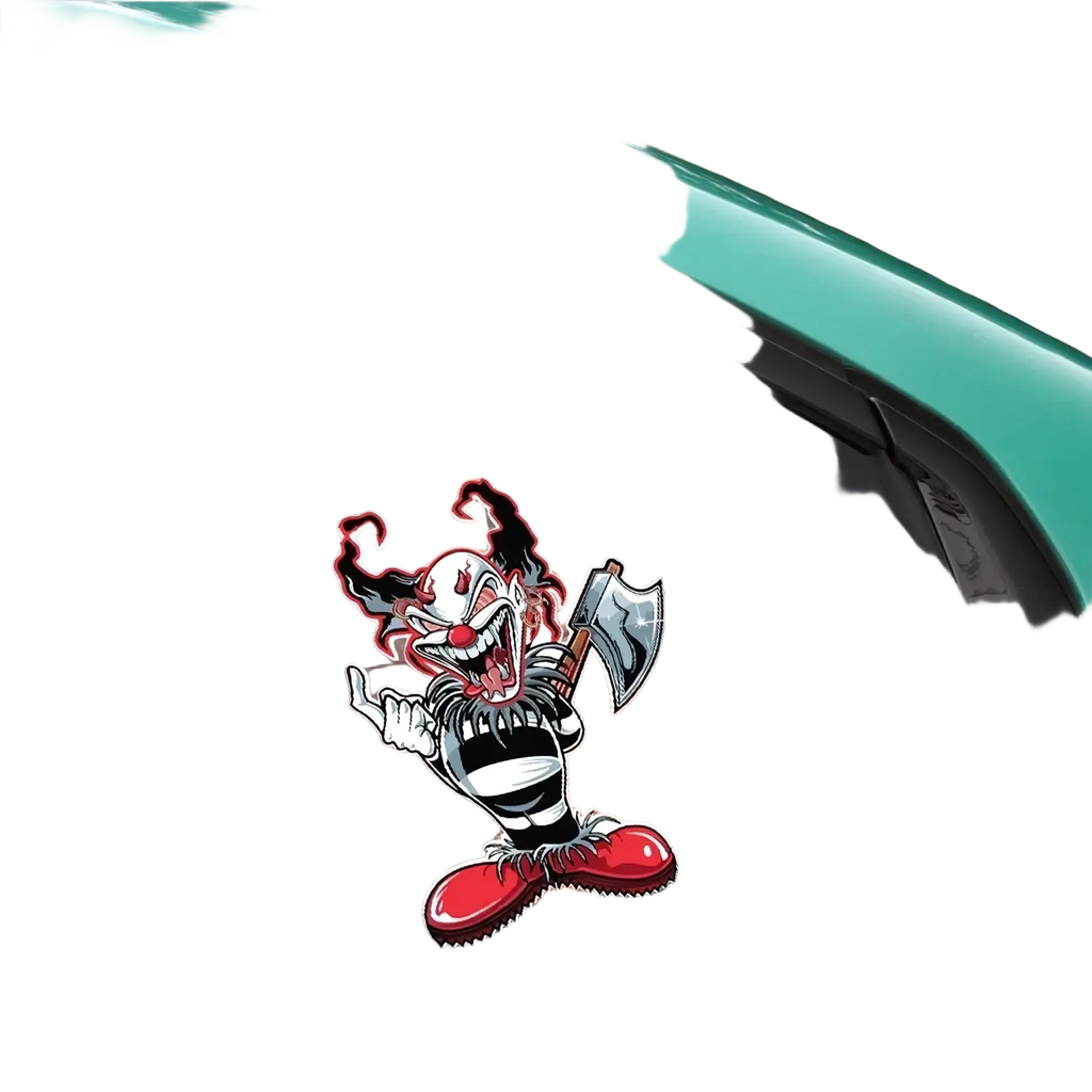 Evil clown car sticker waterproof decal featuring a cartoon clown with striped clothing red shoes and a bloody axe
