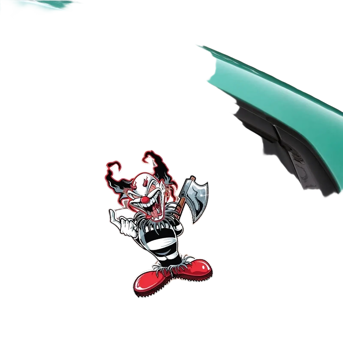 Evil clown car sticker waterproof decal featuring a cartoon clown with striped clothing red shoes and a bloody axe