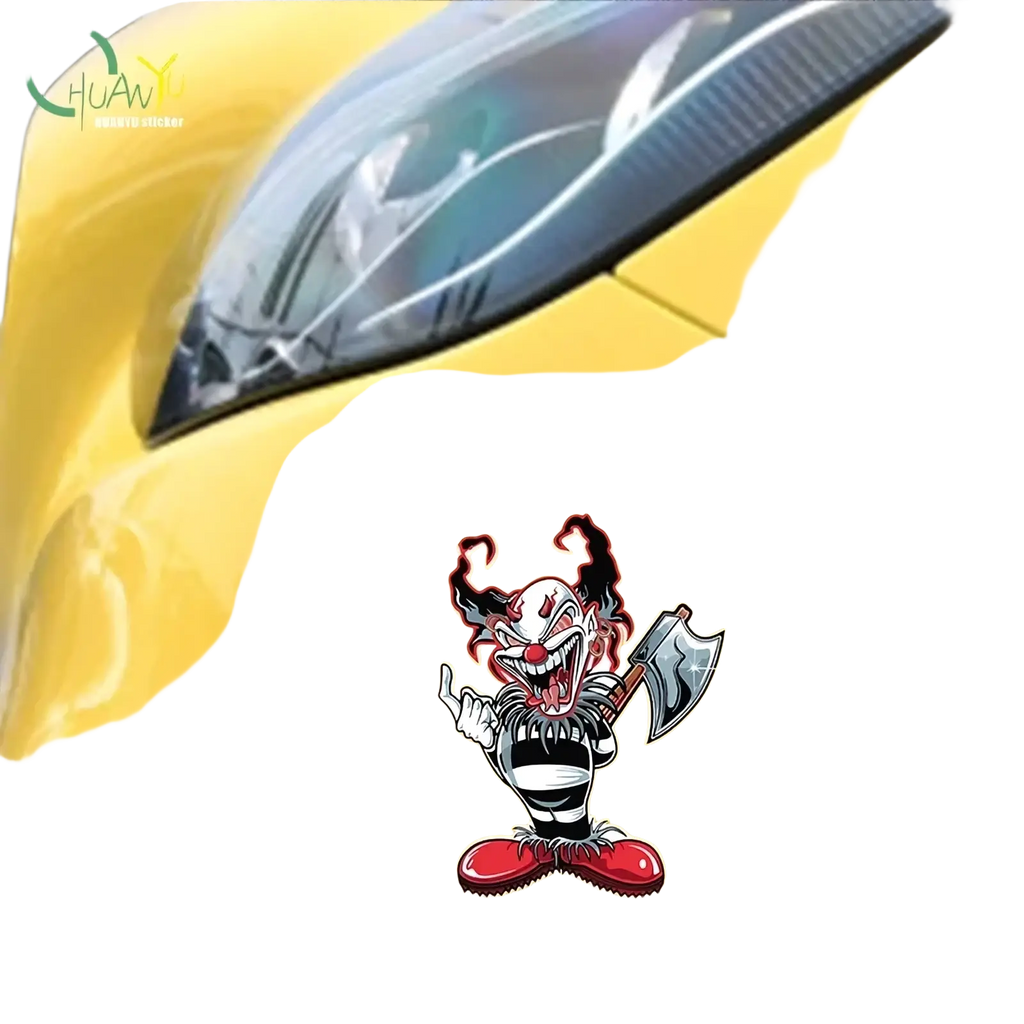 Evil clown car sticker showing a cartoon clown with red black hair white face striped shirt and holding an axe