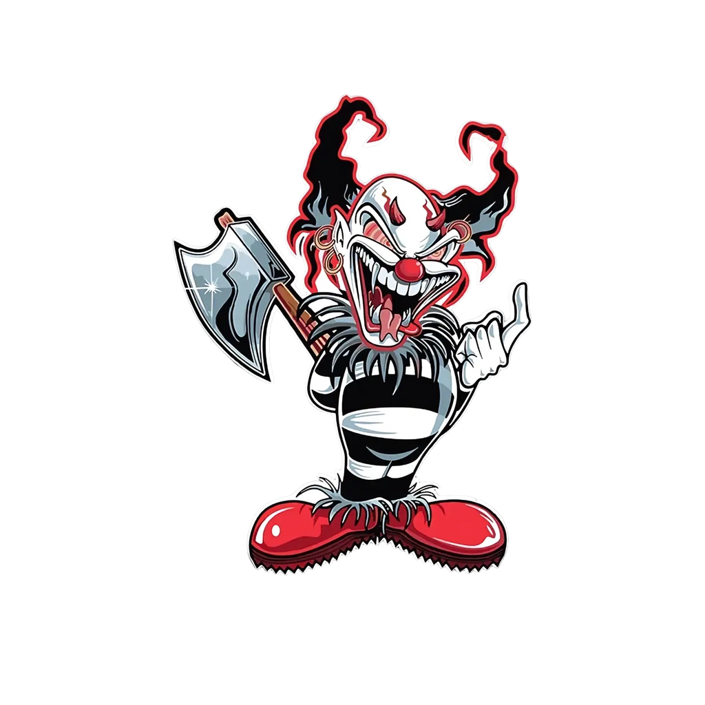 Evil clown car sticker waterproof decal featuring a menacing cartoon clown with black and white stripes and red details holding an axe