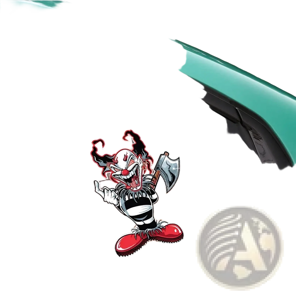 Evil clown car sticker waterproof decal featuring a cartoon clown with striped clothing red shoes and a bloody axe