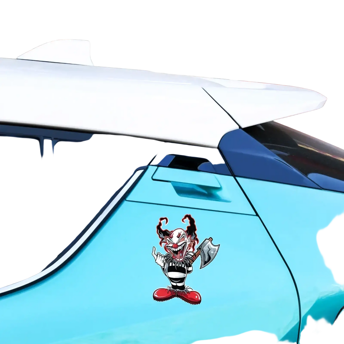 Evil clown car sticker waterproof decal featuring a red and black menacing clown holding an axe on a turquoise door