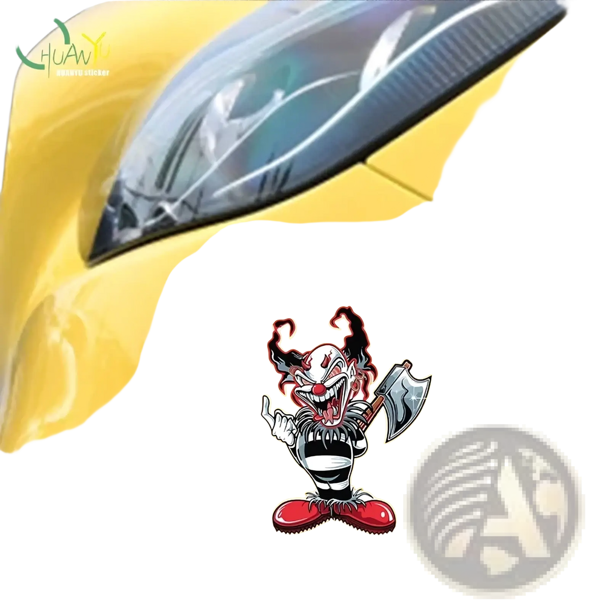 Evil clown car sticker showing a cartoon clown with red black hair white face striped shirt and holding an axe