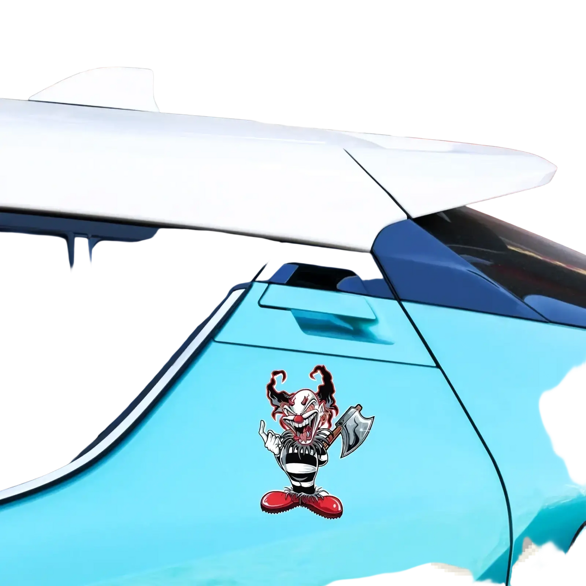 Evil clown car sticker waterproof decal featuring a red and black menacing clown holding an axe on a turquoise door