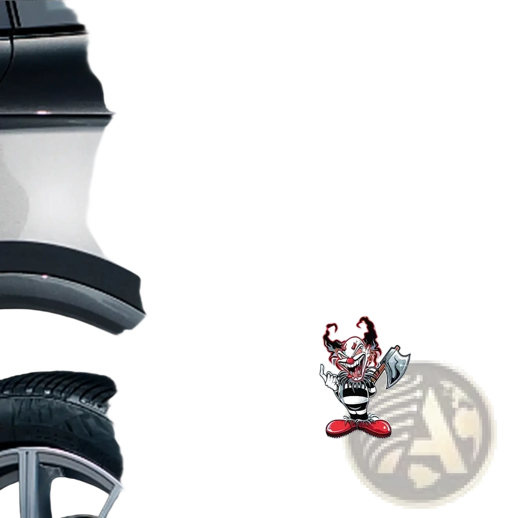 Evil clown car sticker waterproof decal in red and black cartoon clown with axe on a dark gray car door
