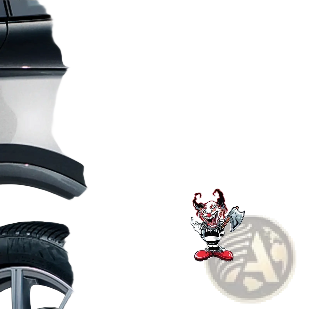 Evil clown car sticker waterproof decal in red and black cartoon clown with axe on a dark gray car door