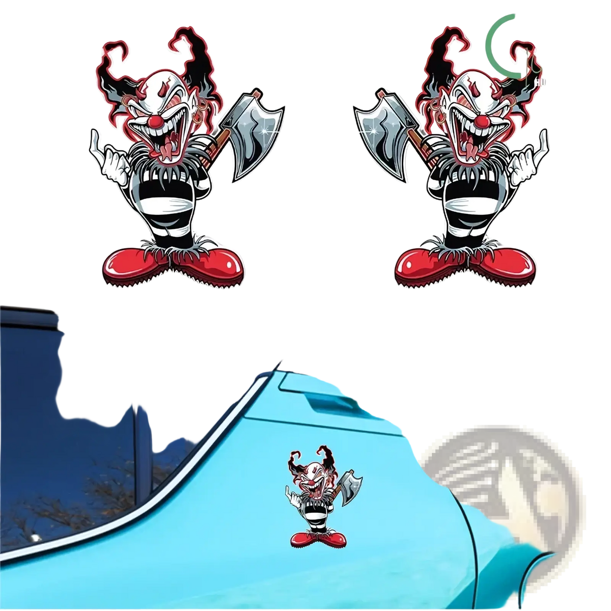 Red and black cartoon evil clown car sticker with silver axe wearing striped pants and red shoes waterproof decal