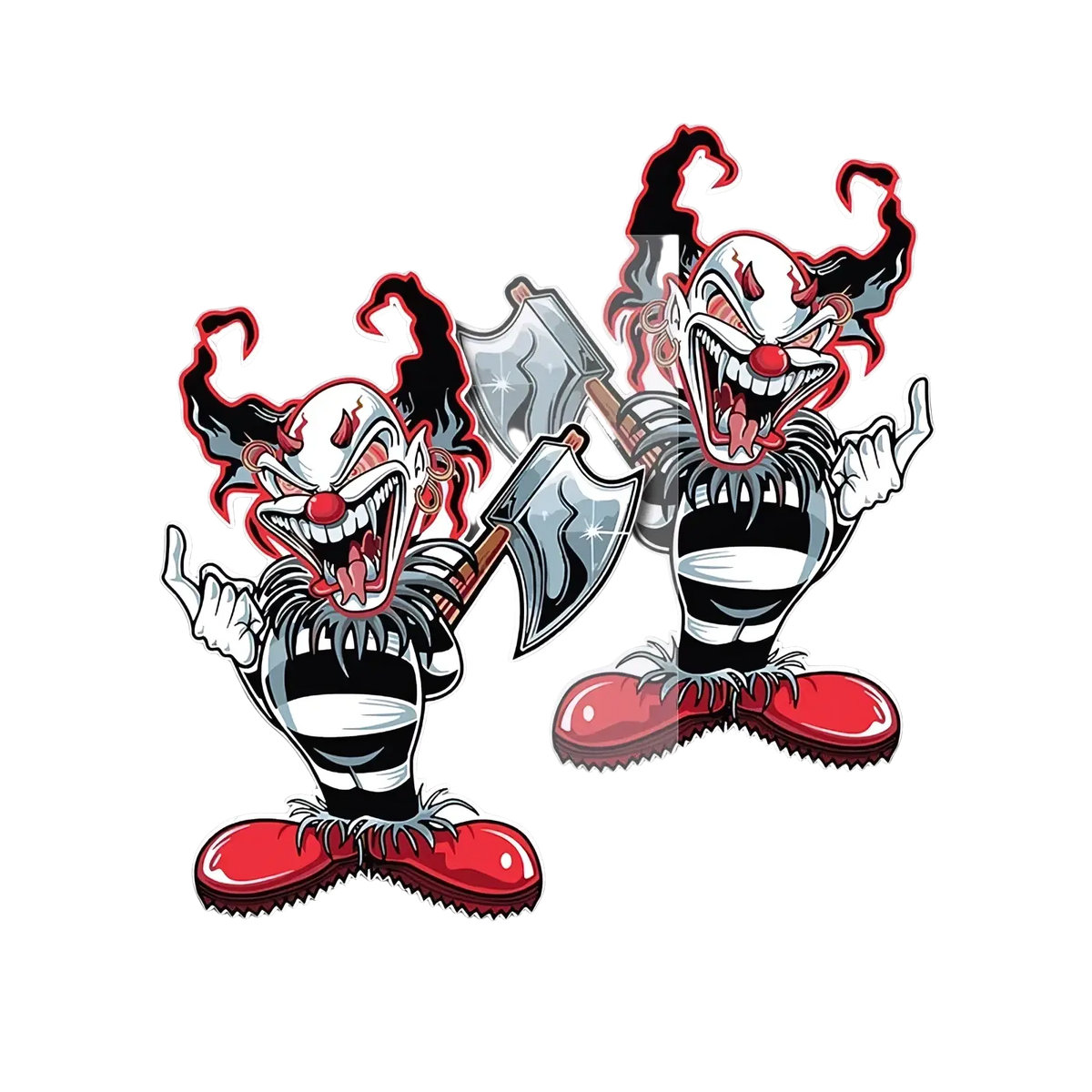 Two identical evil clown car sticker waterproof decals featuring menacing clowns in black and white stripes holding an axe