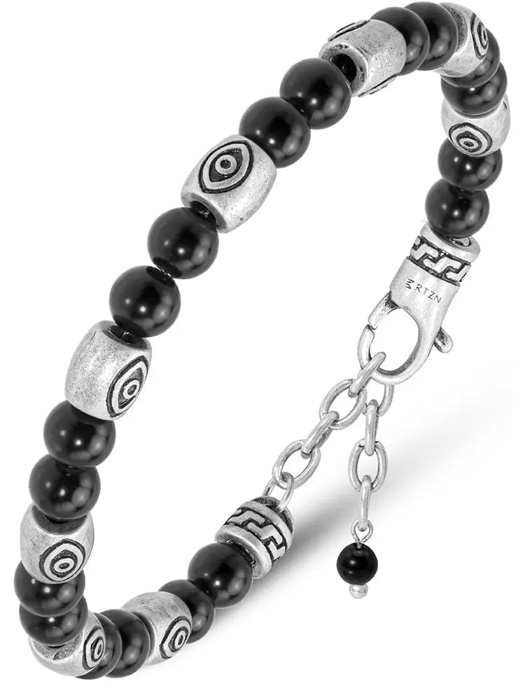 Rtzn black obsidian and silver evil eye protection bracelet with alternating smooth black and textured silver beads