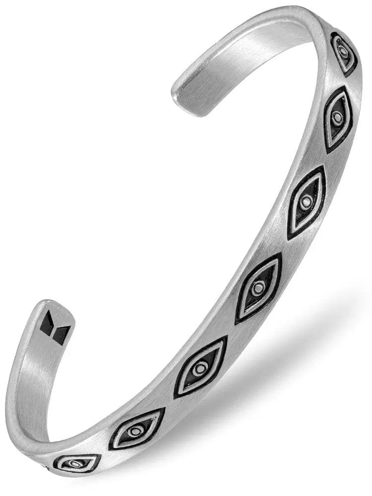 Teal geometric evil eye stainless steel cuff bracelet with silver tone and black outlined eye motifs with detailed centers