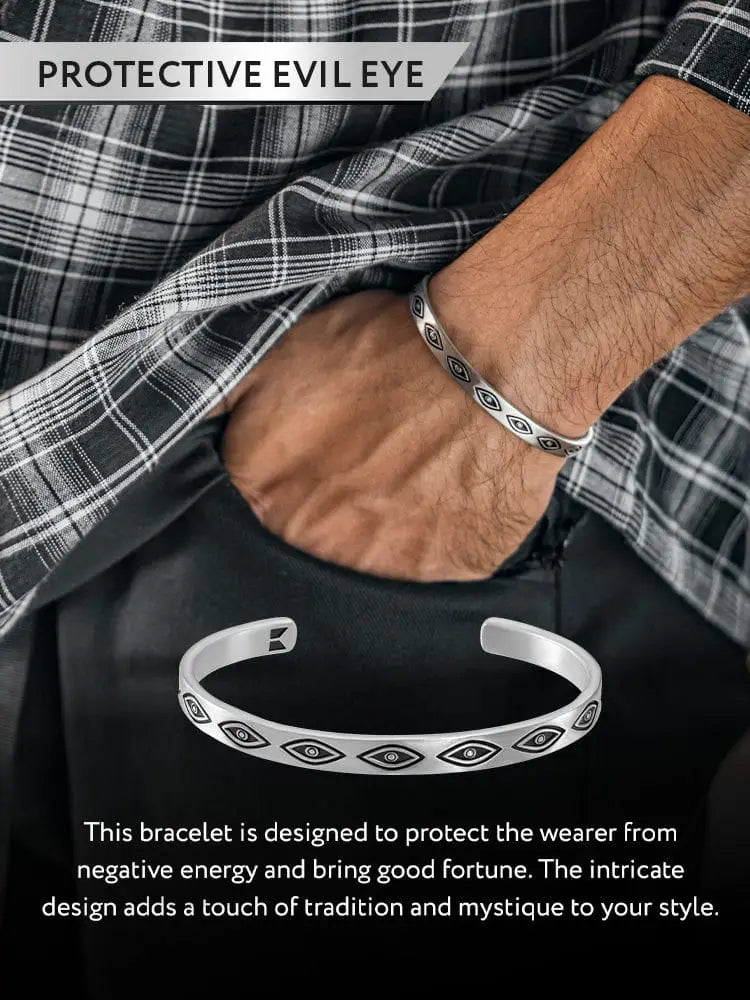 Silver teal geometric stainless steel cuff bracelet with sleek open design and intricate black evil eye engravings