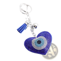 A vibrant blue rhinestone leather evil eye heart keychain with silver chain tassel and bell accessory