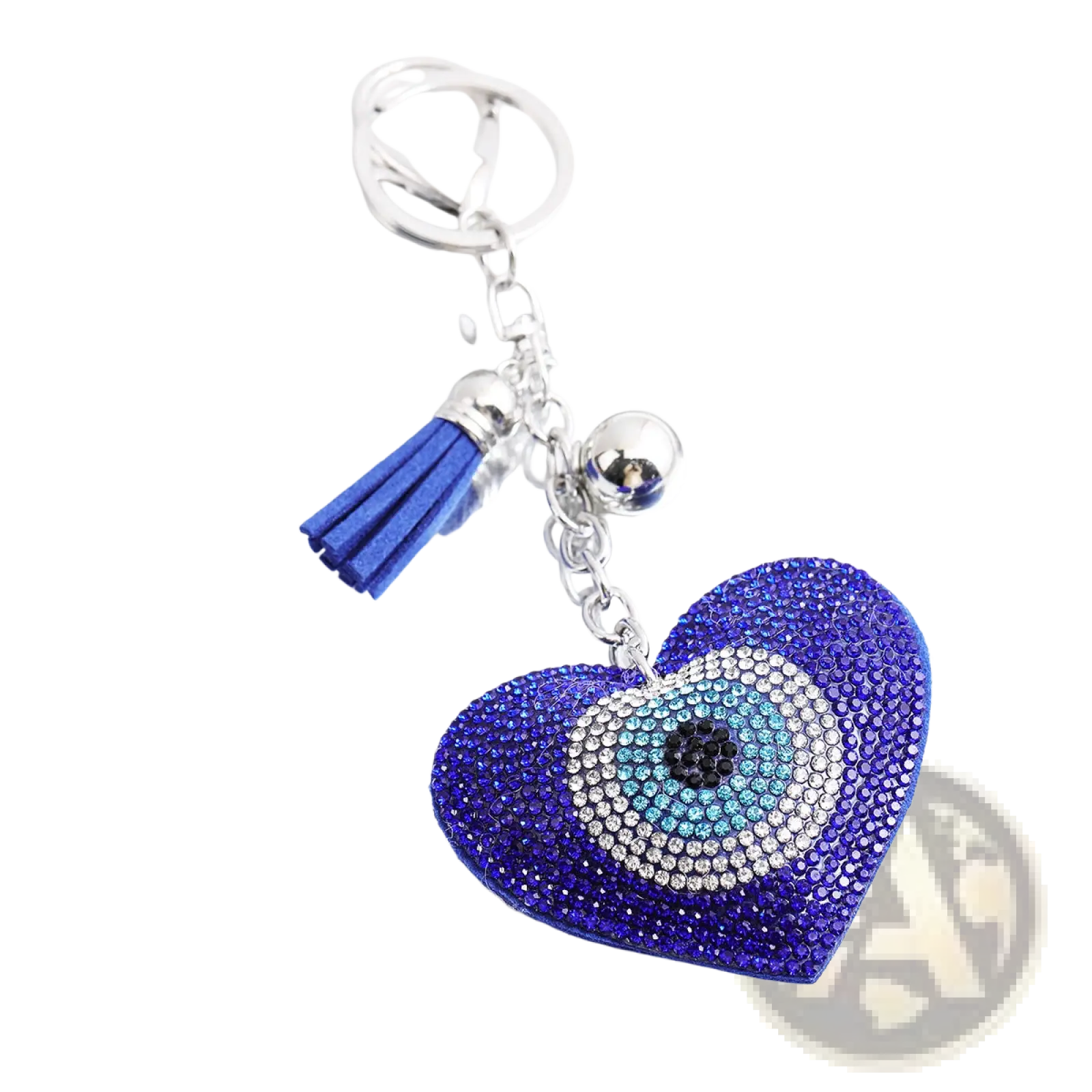 A blue leather evil eye heart keychain with rhinestones, silver chain, tassel, and bell accessory