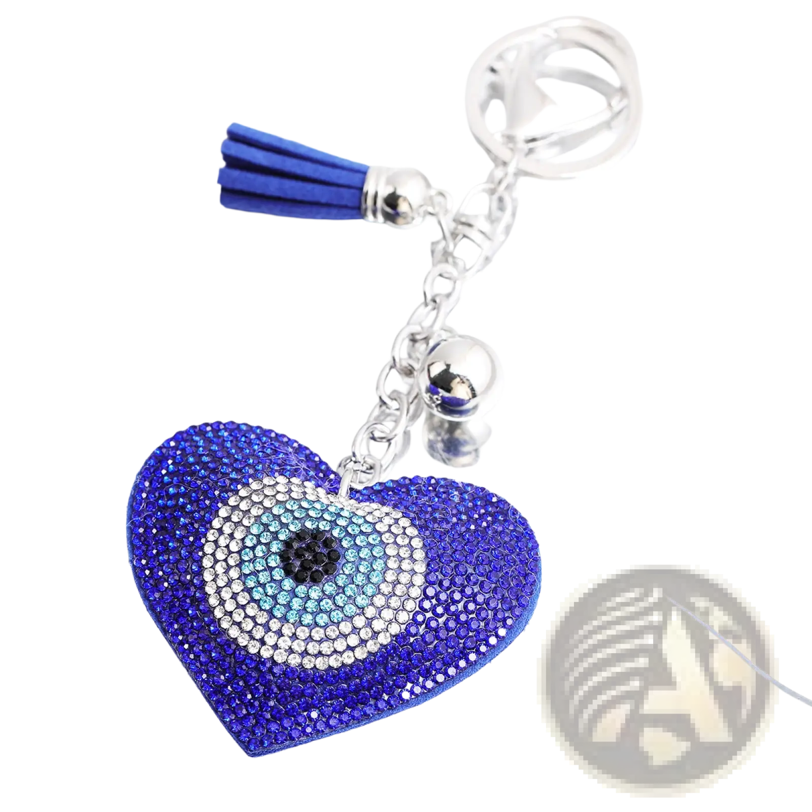 A vibrant blue rhinestone heart keychain with evil eye design and leather tassel made for decorative use