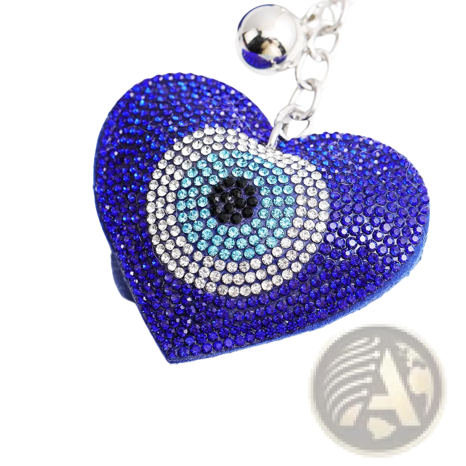 A vibrant blue leather evil eye heart keychain with rhinestones and a decorative tassel accessory