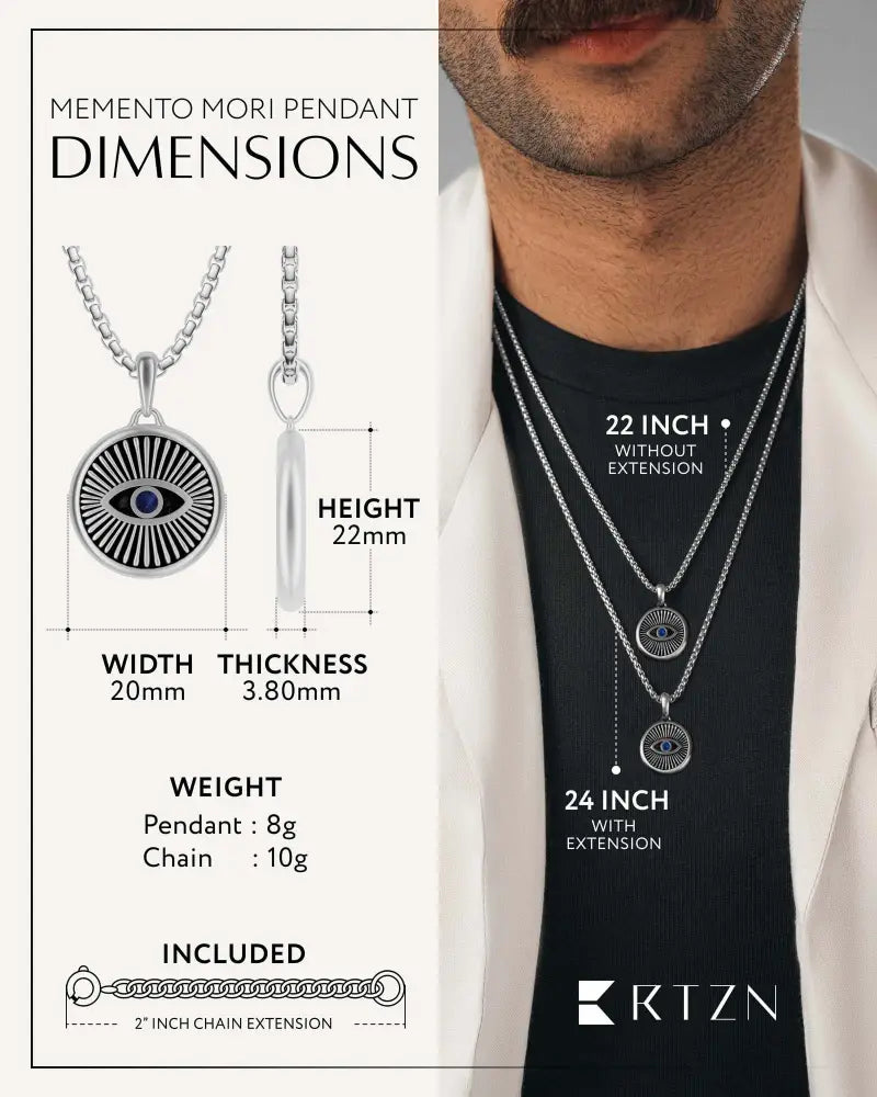 Silver evil eye stainless steel box chain necklace with blue center and black and white radial lines design