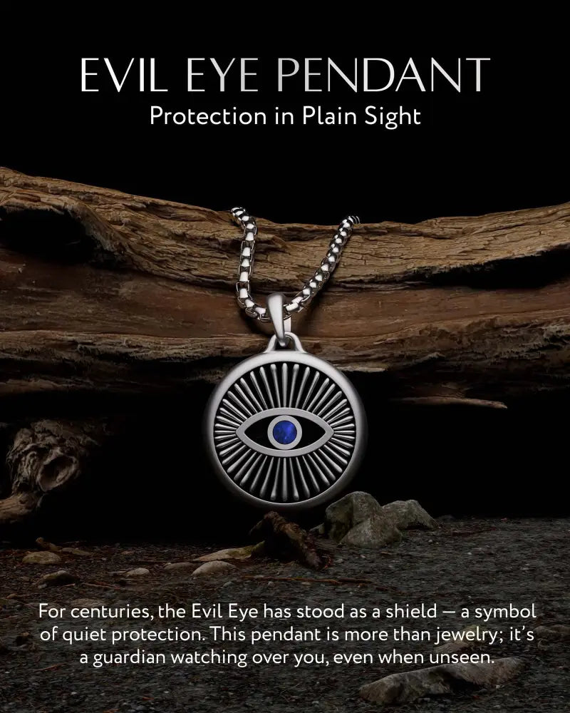 Silver evil eye stainless steel box chain necklace with a blue gemstone center and radiating lines pendant