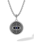Silver evil eye stainless steel box chain necklace featuring a circular black enamel pendant with a central blue stone