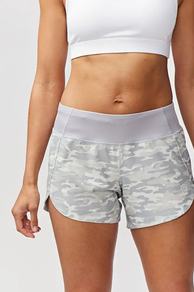 Excel women’s black camouflage athletic workout shorts in gray with a solid gray waistband for workout use