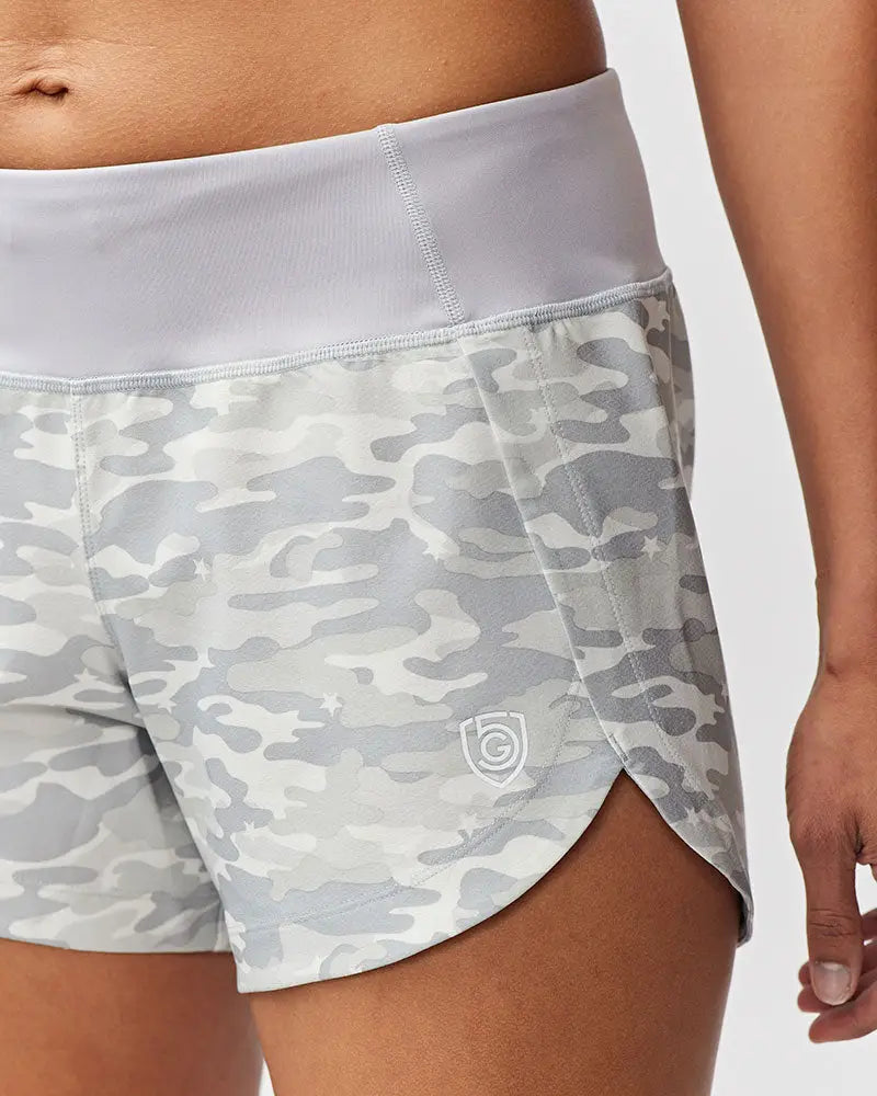 Excel women’s black camouflage athletic workout shorts in gray and white with high-waisted elastic waistband