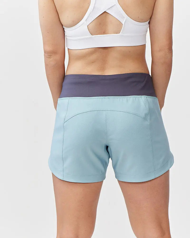 Light blue athletic shorts with a dark gray elastic waistband designed for excel women’s black camouflage workout use