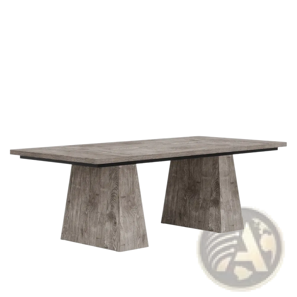 Modern gray wood grain executive desk with geometric tapered legs for a 63 inch gray wood computer workstation