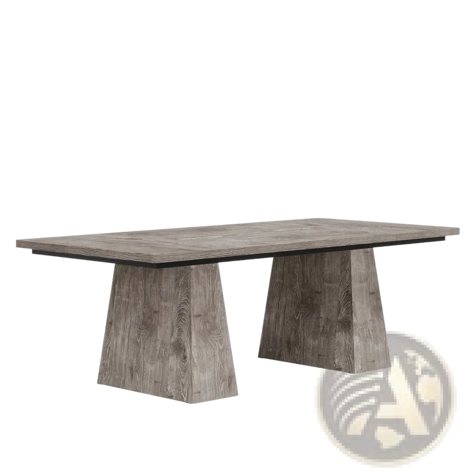Modern gray wood grain executive desk with geometric tapered legs for a 63 inch gray wood computer workstation